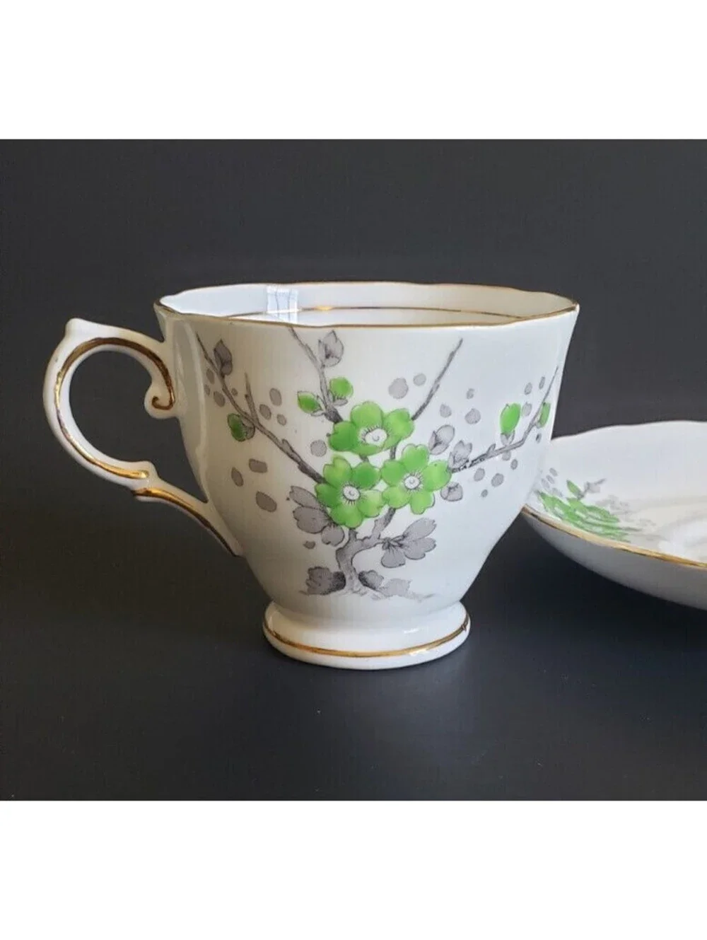 Vintage Tuscan Fine English Bone China Green Blossoms Gold Trim Tea Cup, Saucer